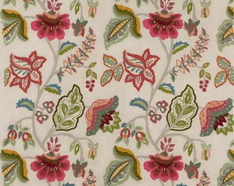 Sombre' Embroidered Floral Crewel Fabric in Tomato red, Aqua, Green, Coral, Pinkand Aqua
