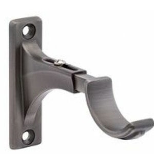 May include: A silver metal curtain rod bracket with a curved arm. The bracket is designed to be mounted to a wall.