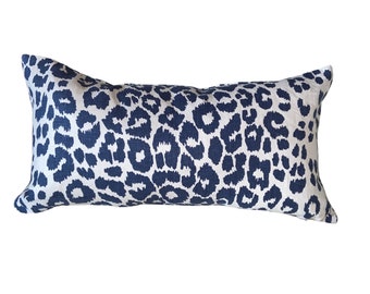 Schumacher Iconic Leopard Navy Linen Lumbar Pillow