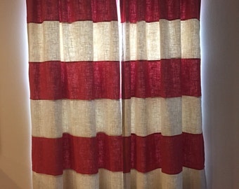 Pair of Salsa and Champagne stripe linen drapes lined size 50 x 95 - ready to ship