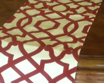 Red Trellis Table Runner with Velvet Detail up to 106" long