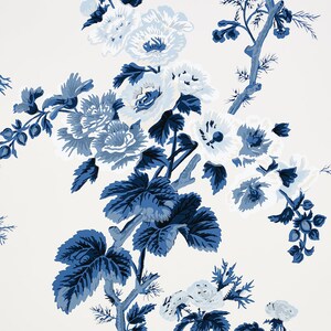 May include: A blue and white floral pattern with a white background. The pattern features large flowers, leaves, and small berries.