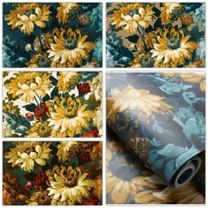 May include: A set of five wallpaper samples featuring a floral pattern with large yellow sunflowers and green leaves on a variety of backgrounds, including cream, teal, and brown.