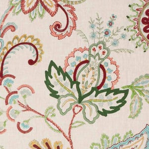Roseto Embroidered Floral Crewel Fabric in Red, Green, Navy, Blue