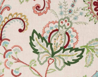 Roseto Embroidered Floral Crewel Fabric in Red, Green, Navy, Blue