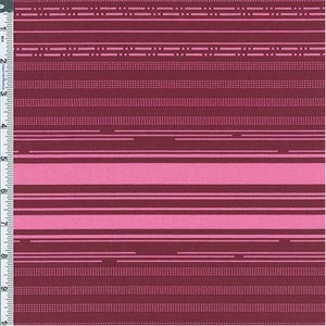 May include: Red and pink striped fabric with a repeating geometric pattern. The fabric has a subtle sheen and a soft texture.