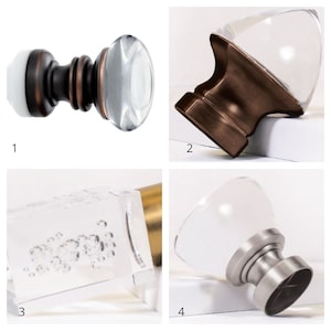 May include: Four different curtain finials, each with a unique design. The finials are made of glass and metal and come in a variety of colors, including bronze, silver, and clear. The finials are perfect for adding a touch of elegance to any room.