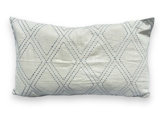 Beige and Blue Embroidered Pillow Cover