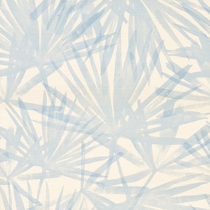 May include: A seamless pattern featuring a light blue watercolor design of palm leaves on a cream background.