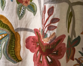 Sombre' Embroidered Floral Crewel Fabric in Tomato red, Aqua, Green, Coral, Pinkand Aqua