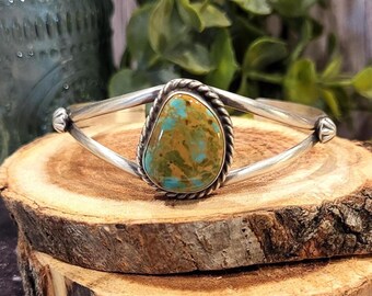 Kingman Turquoise Cuff Bracelet, Western Statement Jewelry for Women, Authentic Navajo Handmade Silver Gift
