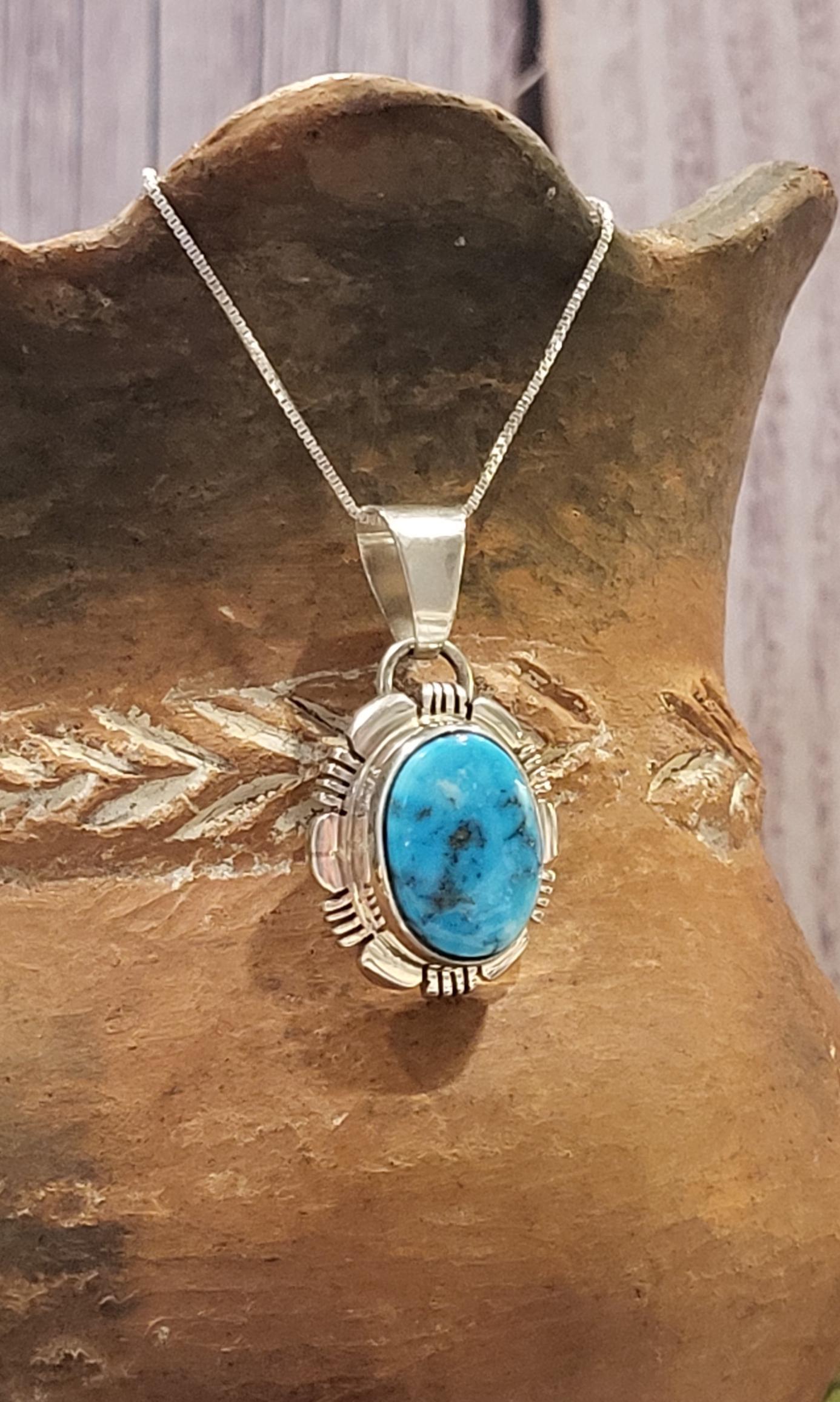 Turquoise and Sterling Silver Necklace by Norbert Johnon, Length 