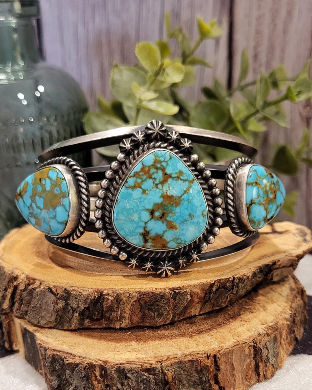 Native American Navajo Sterling Silver Kingman Turquoise Bracelet Cuff ...