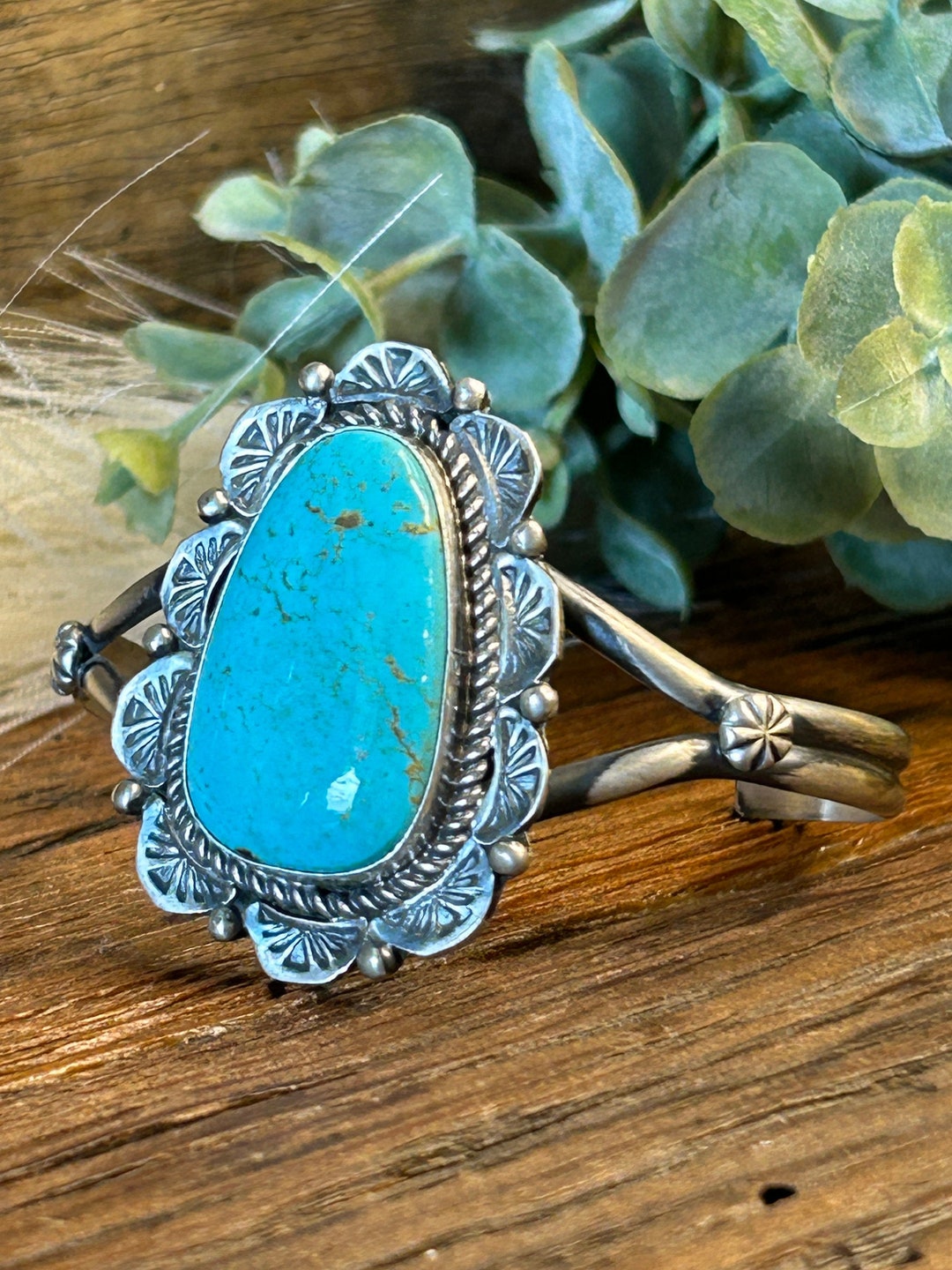Native American Navajo Sterling Silver Kingman Turquoise Bracelet Cuff ...