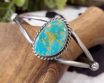 Kingman Turquoise Cuff Bracelet by Augustine Largo, Western Jewelry for Women, Authentic Navajo Handmade Silver Gift