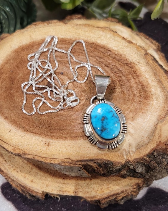 Turquoise and Sterling Silver Necklace by NJ Necklace, Length 18