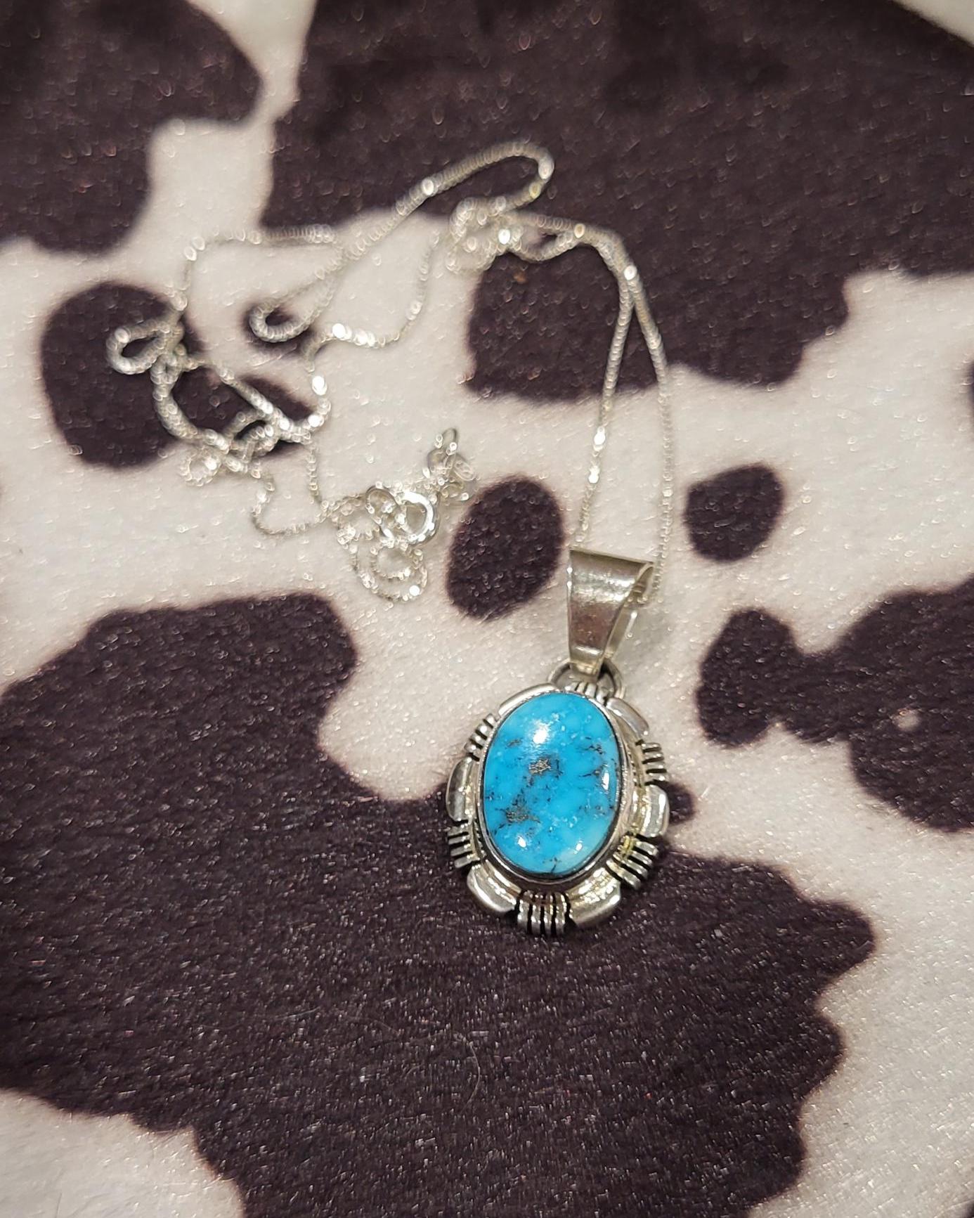 Turquoise and Sterling Silver Necklace by Norbert Johnon, Length 