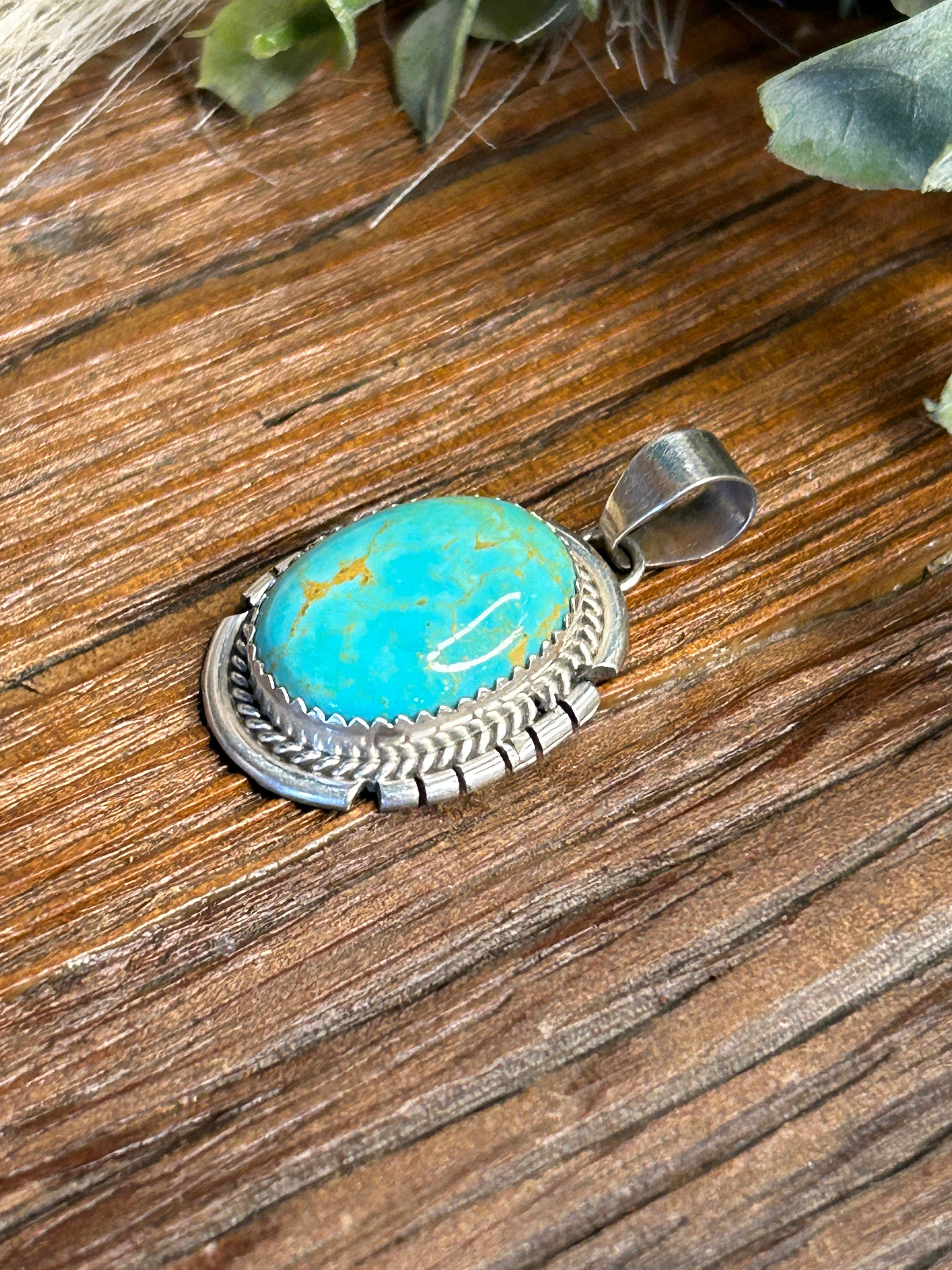 Native American Navajo Sterling Silver Kingman Turquoise Oval Pendant ...