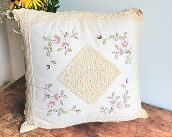 Vintage Victorian Throw Pillow Crocheted and Embroidered Handmade with Delicate Hand Sewn Flower designs Cream and Pink 16x16in