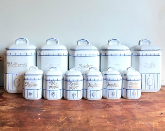 Antique 1910's Swedish 11pc Canister Set And Spice Set, Beyer & Bock Crown Stamp, 5 Large Canisters, 6 Spice Jars. Beautiful Blue and White