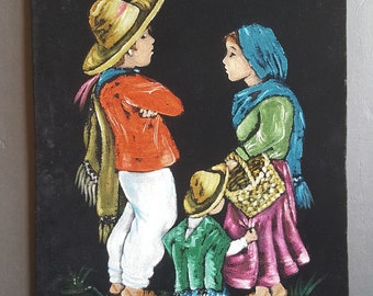 Vintage Mexican Black Velvet Painting Family 15.5" X 19.5" Velvet On Wood Base Unframed