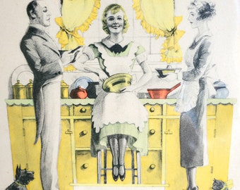 Vintage 1920's ORIGINAL Print "Little Kitchen" Happy Wife Cooking for Husband Housewife Life Art of cooking Tis the way to Hubbys Heart