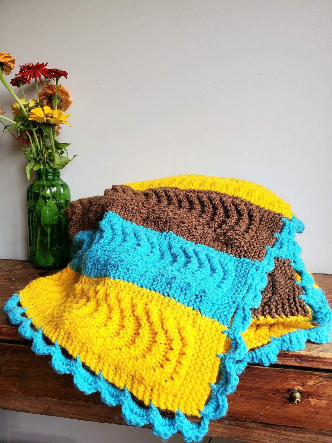 Vintage Crocheted Ripple Afghan Throw 1970's Blanket Blue Yellow Brown ...