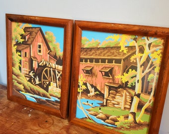 Vintage Paint By Numbers Glass Framed Set Covered Bridge and Watermill Beautiful New England Scenery Water, ducks, birch trees lovely colors