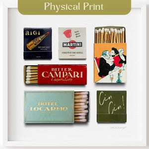 Vintage Matchbox Fine Art Print, Italy Matches, Vintage Italian Matchbooks, Bar Cart Wall Art, Realistic Match Print, Trendy Italian Poster