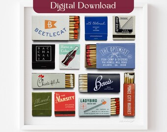 Atlanta Matchbox Fine Art Print, Atlanta Georgia Art Poster, ATL Matchbooks, Bar Cart Art, Realistic Match Print, Atlanta GA Restaurants