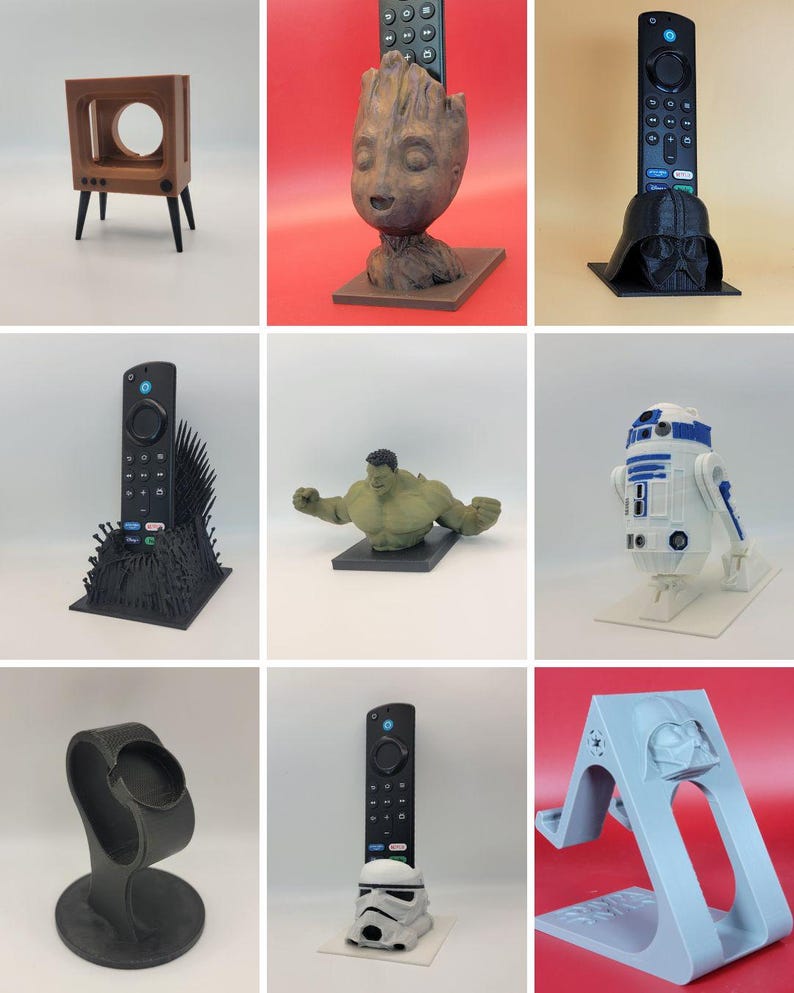 May include: Nine different 3D printed remote control holders featuring various characters from popular movies and TV shows. The holders are made of black, brown, white, and gray plastic. The characters include Groot, Darth Vader, the Iron Throne, Hulk, R2-D2, a Stormtrooper, and Darth Vader.