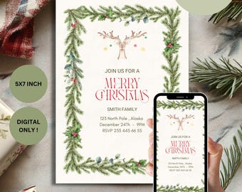 Puede incluir: Una invitación digital imprimible para una fiesta de Navidad con un borde de guirnalda verde y una ilustración de reno. La invitación dice "Join us for a Merry Christmas" e incluye el texto "Smith Family", "123 North Pole, Alaska", "December 24th - 9PM", y "RSVP 233 445 66 55".