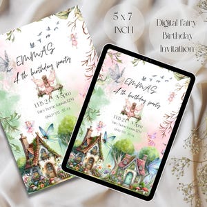 Può includere: Un invito digitale stampabile per un 4° compleanno. L'invito presenta una scena di fate fantasiosa con uno schema di colori rosa e verde. Il testo sull'invito recita "Emma's 4th birthday party" e include la data, l'ora e il luogo della festa.