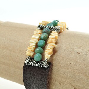 Stretch with Leather Bracelet Cuff, Multi Strand Jade and Shell zdjęcie 2