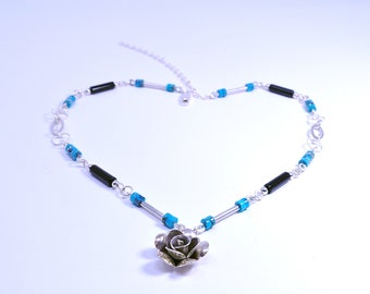 Sterling Rose Necklace, Turquoise and Onyx and Sterling Necklace, Bead Necklace, Gemstone Bead Jewelry