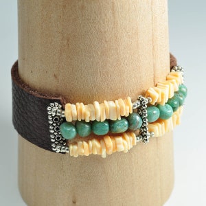 Stretch with Leather Bracelet Cuff, Multi Strand Jade and Shell zdjęcie 1