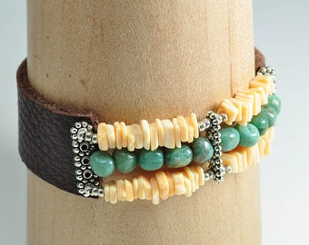 Stretch with Leather Bracelet Cuff, Multi Strand Jade and Shell