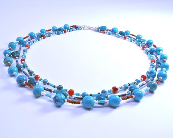 Turquoise Beaded Necklace, Multi Strand Gemstone Necklace, 3  Strand Turquoise Necklace