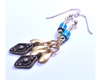 Turquoise Earrings with Mixed Metals, Bronze & Brass cast charms, Sterling, Gold