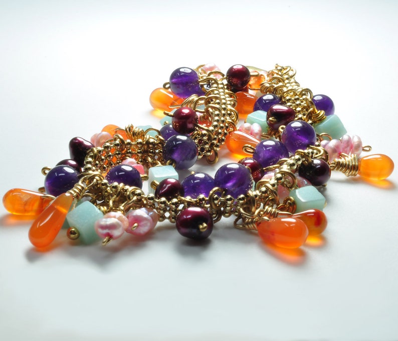 Tropical Multi Gemstone Bracelet with Dangling Gems and Pearls, Vacation Cruise Jewelry image 1