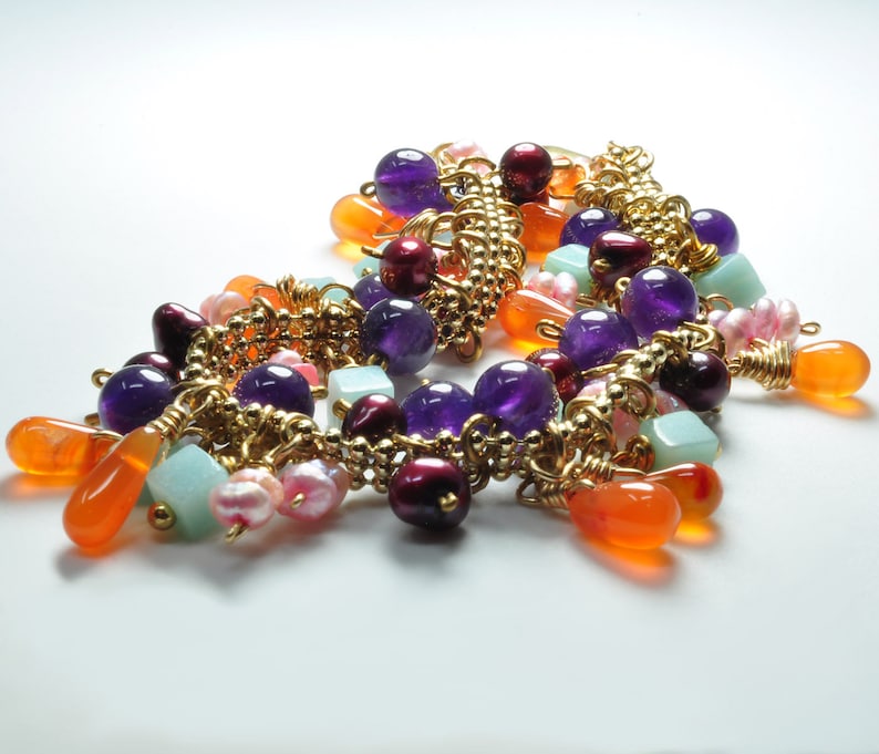 Multi Gemstone Bracelet with Gold Plate Chain with Carnelian Amethyst Amazonite Pearls