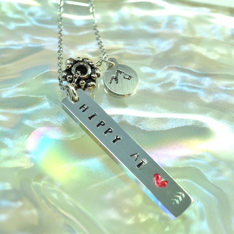 Hand Stamped Necklace, Silver Steel Vertical Bar Jewelry, Hippy At Heart Pendant Necklace image 2