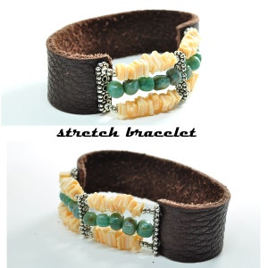 Stretch with Leather Bracelet Cuff, Multi Strand Jade and Shell zdjęcie 4