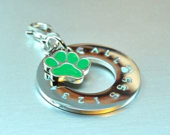 Pet Custom ID Tag, Lost Pet ID tag, Stamped Pet ID with Color Paw Charm