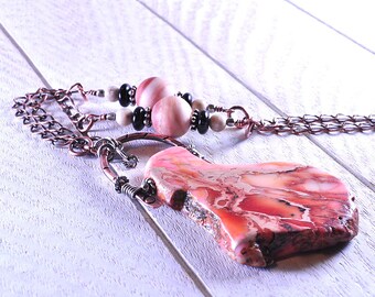 Long Hippy Bold Pendant Necklace, Copper Chain, Red Malachite, Imperial Jasper Pendant