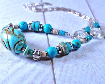 Turquoise and Sterling Choker Necklace, Necklace with Hand Crafted Silver Components