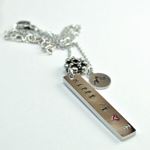 Hand Stamped Necklace, Silver Steel Vertical Bar Jewelry, Hippy At Heart Pendant Necklace image 3
