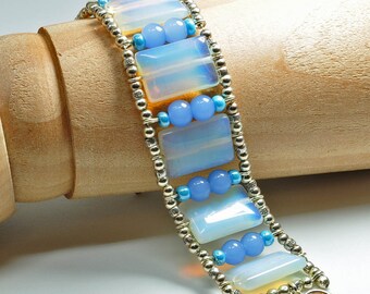 Wide Moonstone Gemstone and Sterling Bracelet