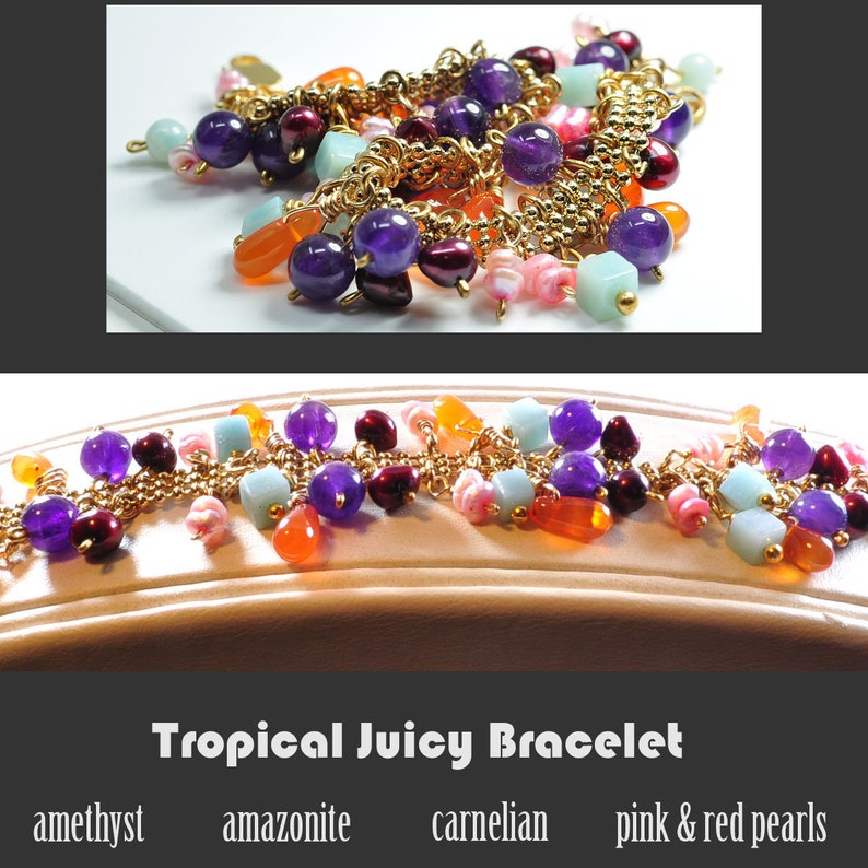Tropical Multi Gemstone Bracelet with Dangling Gems and Pearls, Vacation Cruise Jewelry image 4