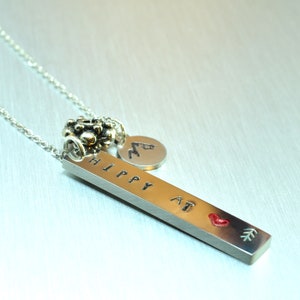 Hand Stamped Necklace, Silver Steel Vertical Bar Jewelry, Hippy At Heart Pendant Necklace image 1